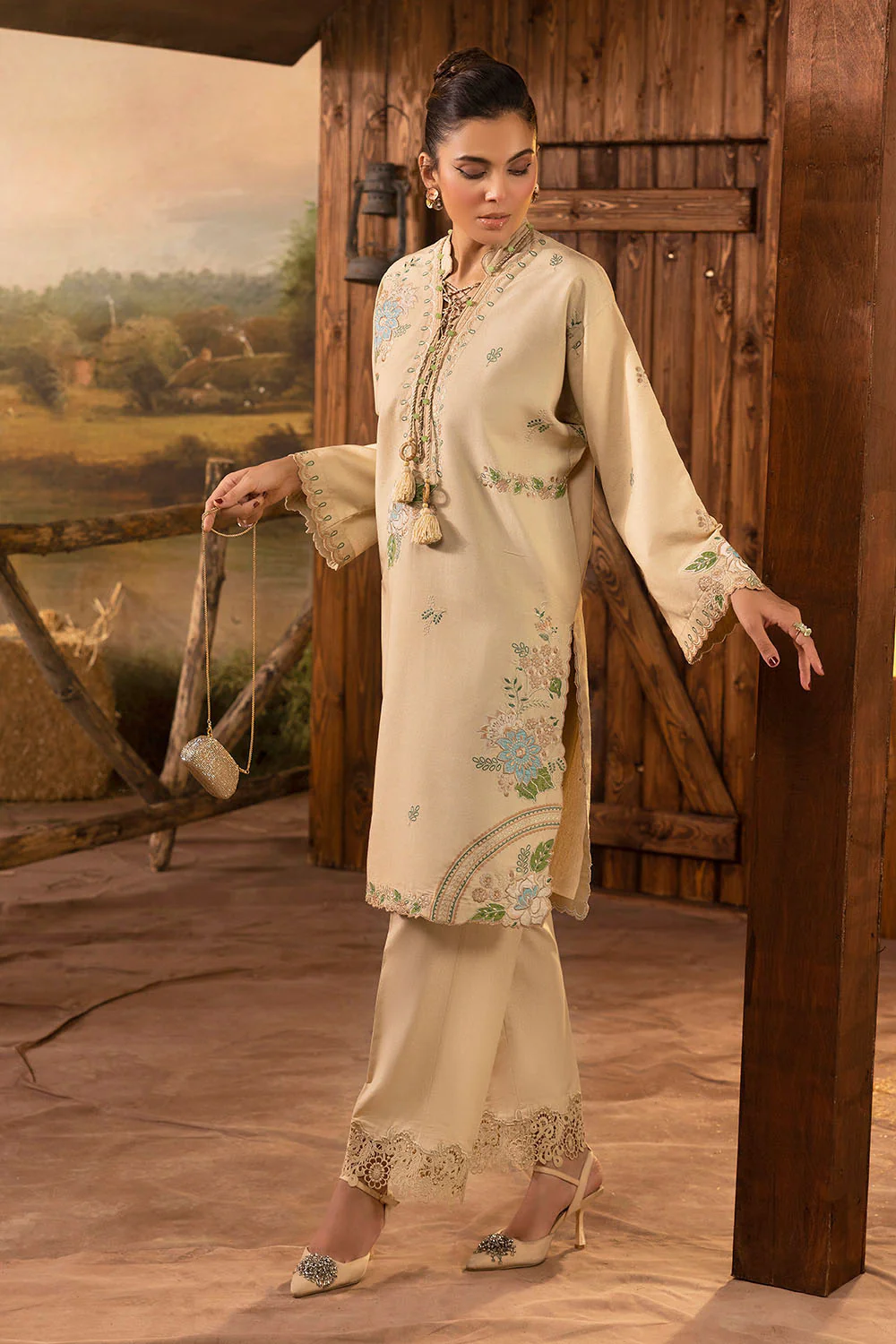 2 Piece Embroidered Karandi Suit with Organza Border - Image 3