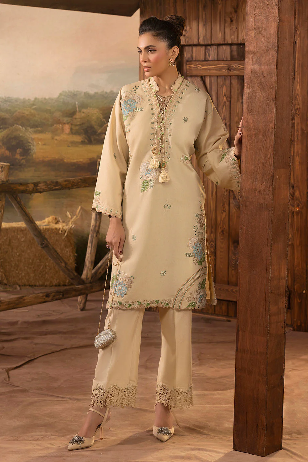 2 Piece Embroidered Karandi Suit with Organza Border - Image 4