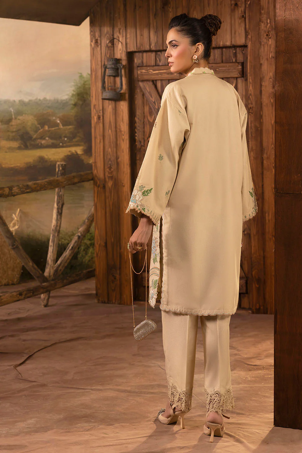 2 Piece Embroidered Karandi Suit with Organza Border - Image 5