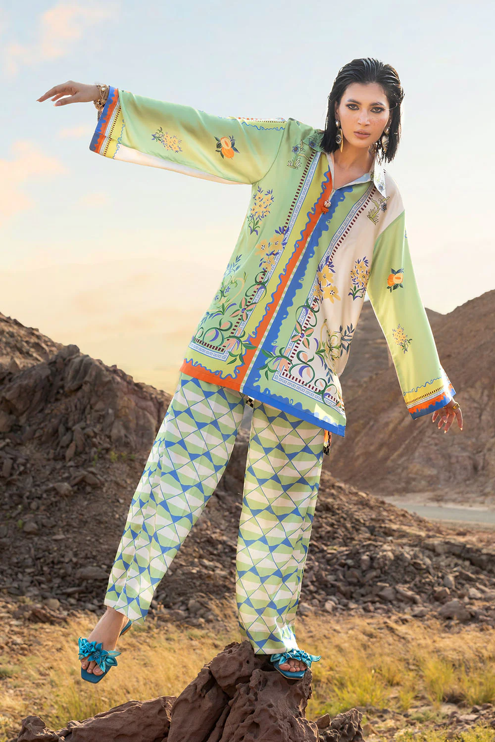 2 Piece Printed Charmeuse Silk Suit with Trouser - Image 3
