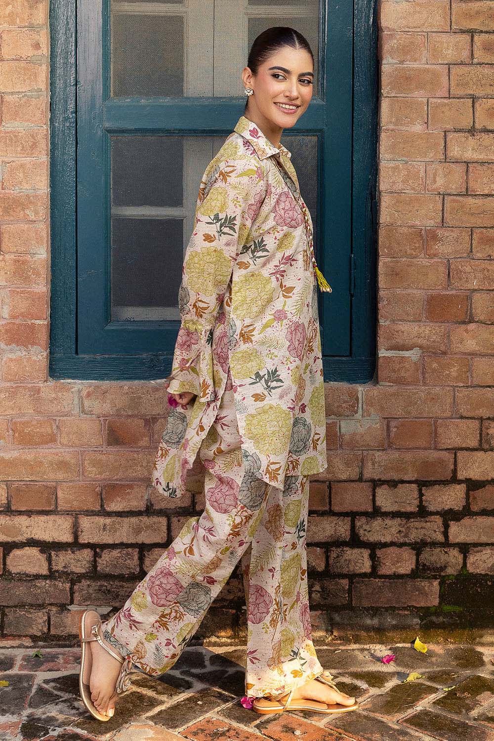 2 Piece Printed Zari Stripe Self Jacquard Suit - Image 3