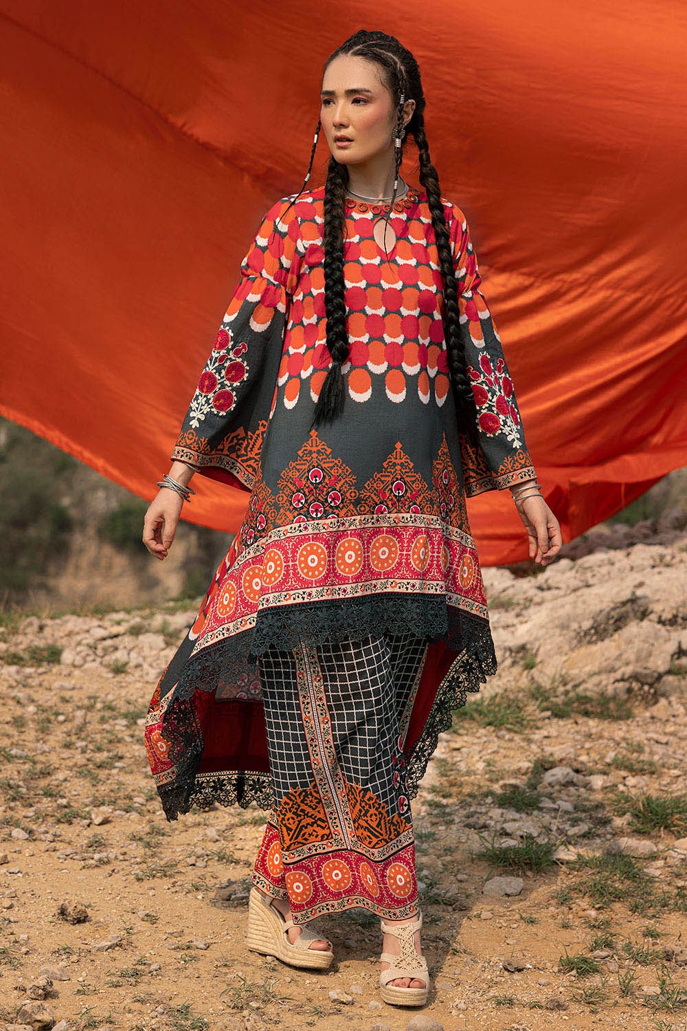 2 Piece Unstitched Printed Lawn Suit with Embroidered Bunches on Organza - Image 7
