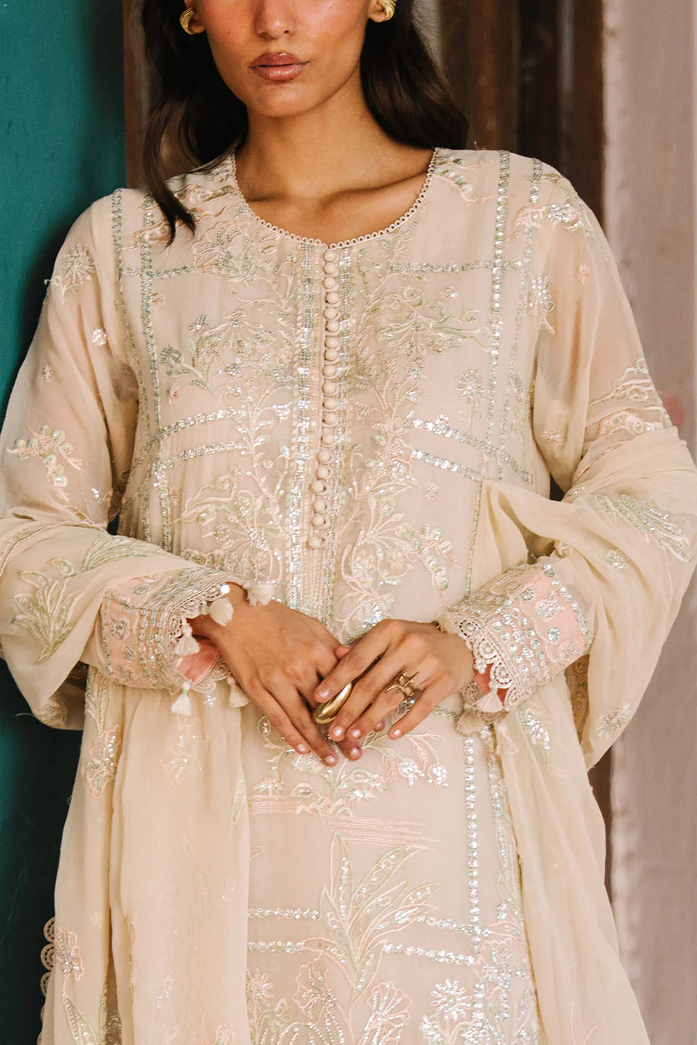 3 Piece Embroidered Chiffon Suit with Organza Borders and Embroidered Chiffon Dupatta - Image 2