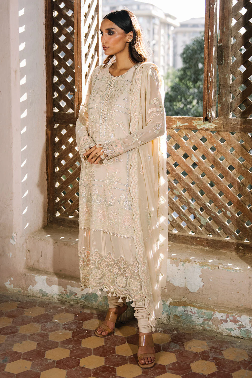 3 Piece Embroidered Chiffon Suit with Organza Borders and Embroidered Chiffon Dupatta - Image 3