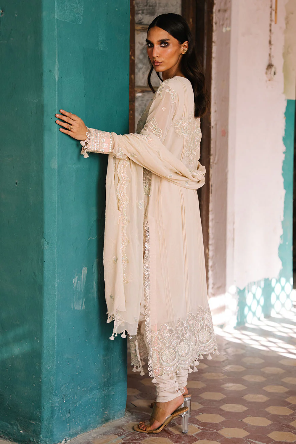 3 Piece Embroidered Chiffon Suit with Organza Borders and Embroidered Chiffon Dupatta - Image 4