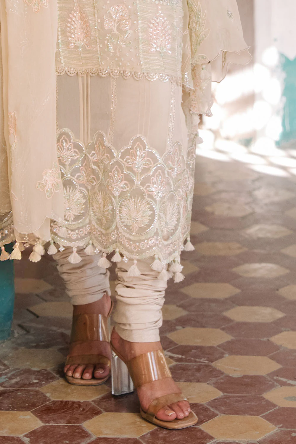 3 Piece Embroidered Chiffon Suit with Organza Borders and Embroidered Chiffon Dupatta - Image 5