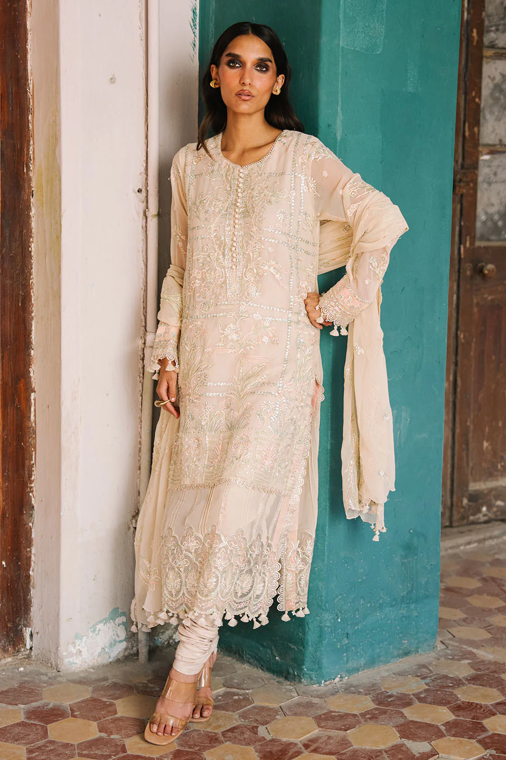 3 Piece Embroidered Chiffon Suit with Organza Borders and Embroidered Chiffon Dupatta - Image 7