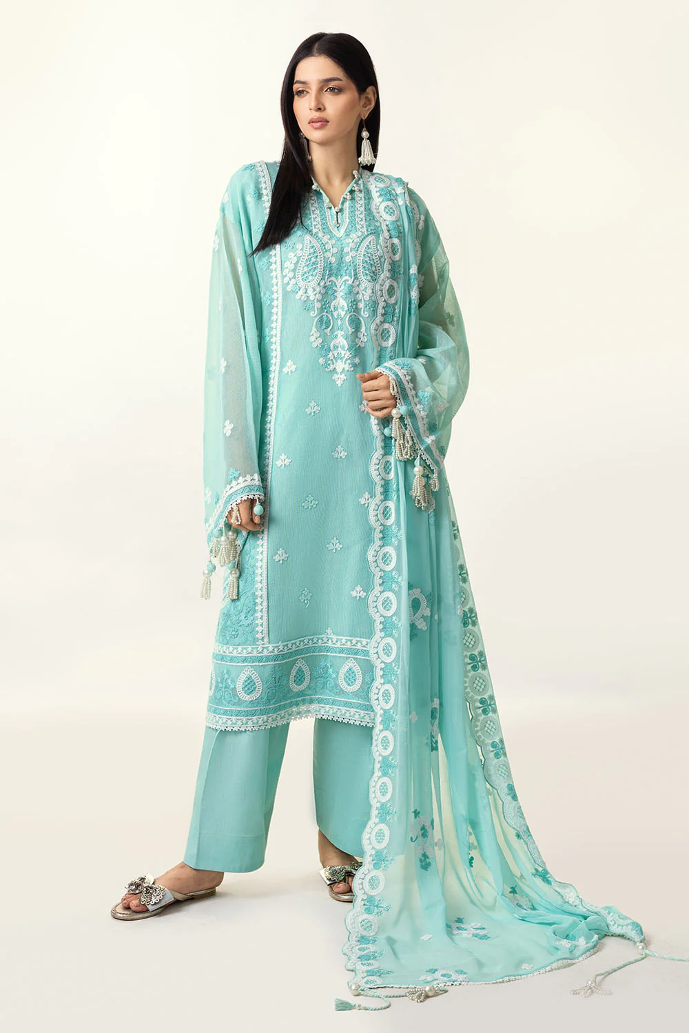 3 Piece Embroidered Cotton Net Suit with Embroidered Chiffon Dupatta