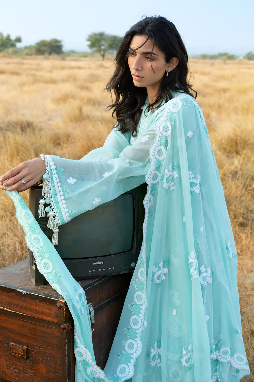 3 Piece Embroidered Cotton Net Suit with Embroidered Chiffon Dupatta - Image 3
