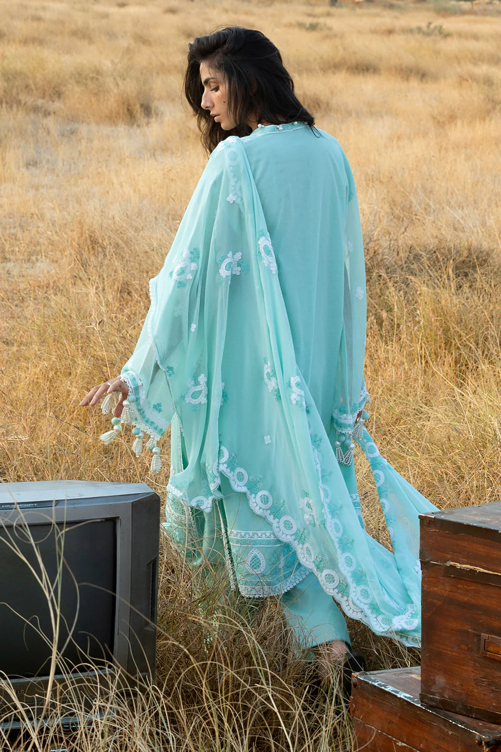 3 Piece Embroidered Cotton Net Suit with Embroidered Chiffon Dupatta - Image 4