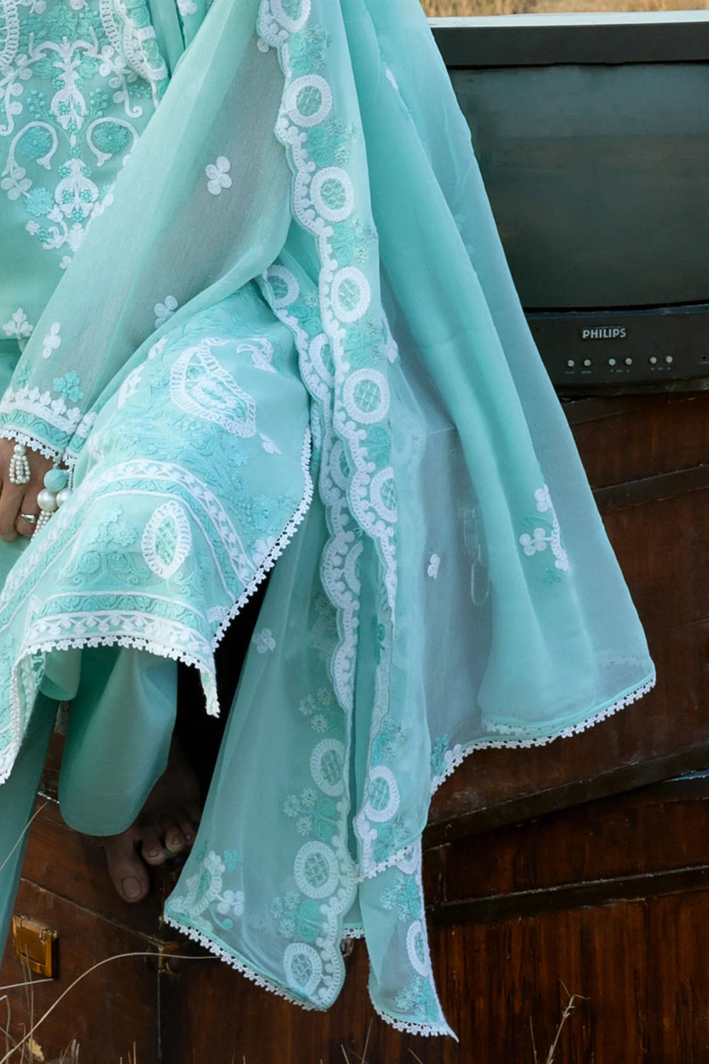 3 Piece Embroidered Cotton Net Suit with Embroidered Chiffon Dupatta - Image 6