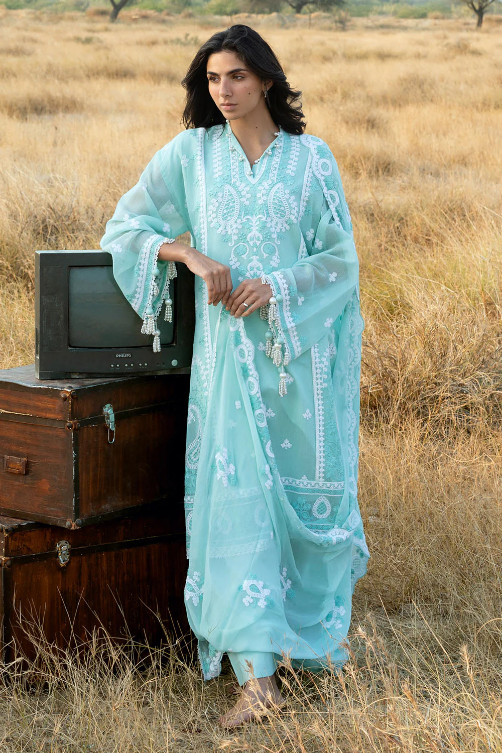 3 Piece Embroidered Cotton Net Suit with Embroidered Chiffon Dupatta - Image 7