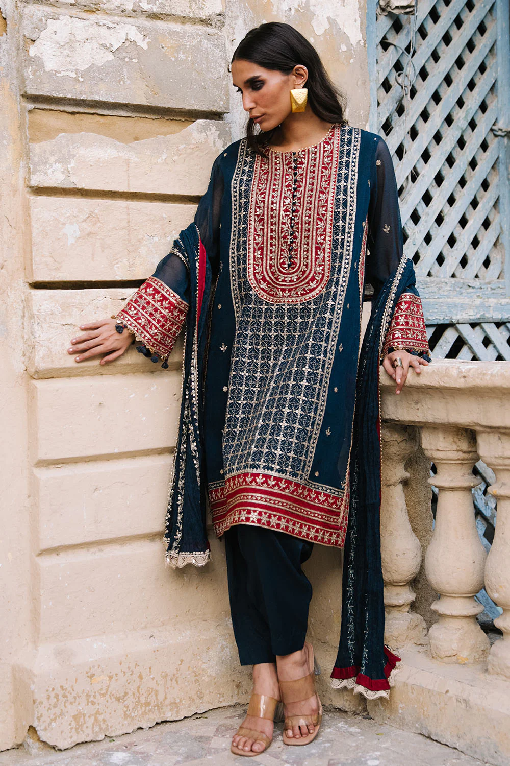 3 Piece Embroidered Cotton Net Suit with Neckline, Borders and Embroidered Cotton Net Dupatta - Image 3