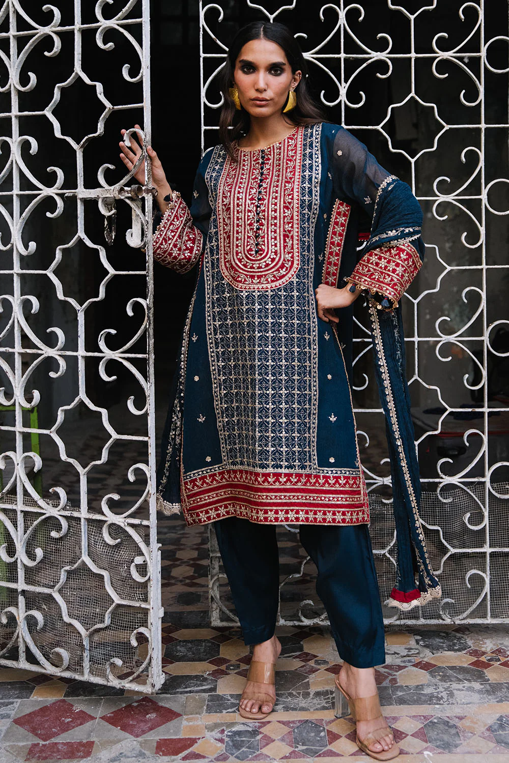 3 Piece Embroidered Cotton Net Suit with Neckline, Borders and Embroidered Cotton Net Dupatta - Image 6