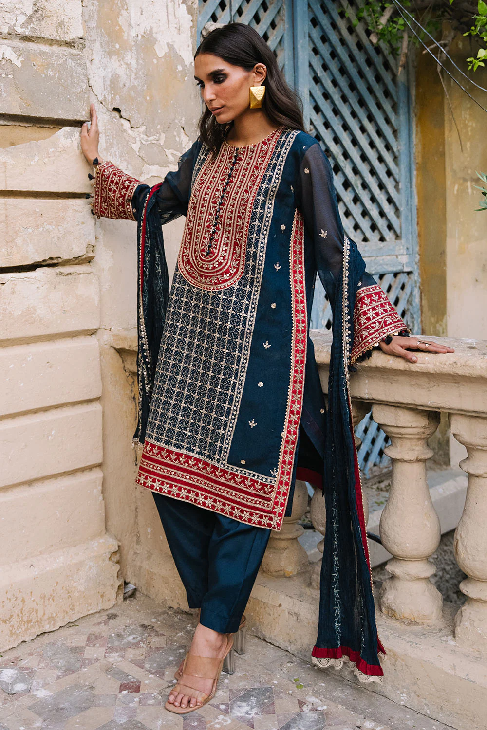 3 Piece Embroidered Cotton Net Suit with Neckline, Borders and Embroidered Cotton Net Dupatta - Image 7