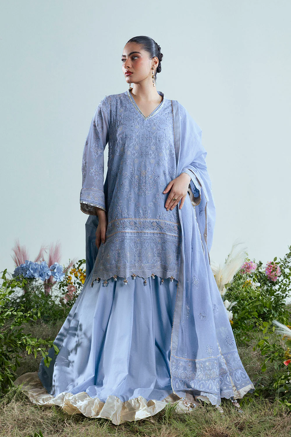 3 Piece Embroidered Cotton Net Suit with Pallu Dupatta - Image 3