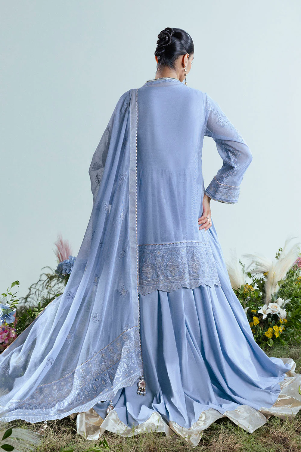 3 Piece Embroidered Cotton Net Suit with Pallu Dupatta - Image 4