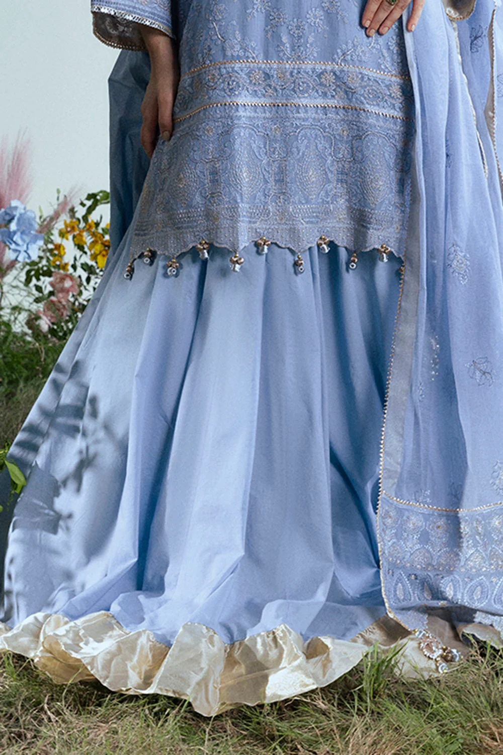 3 Piece Embroidered Cotton Net Suit with Pallu Dupatta - Image 5