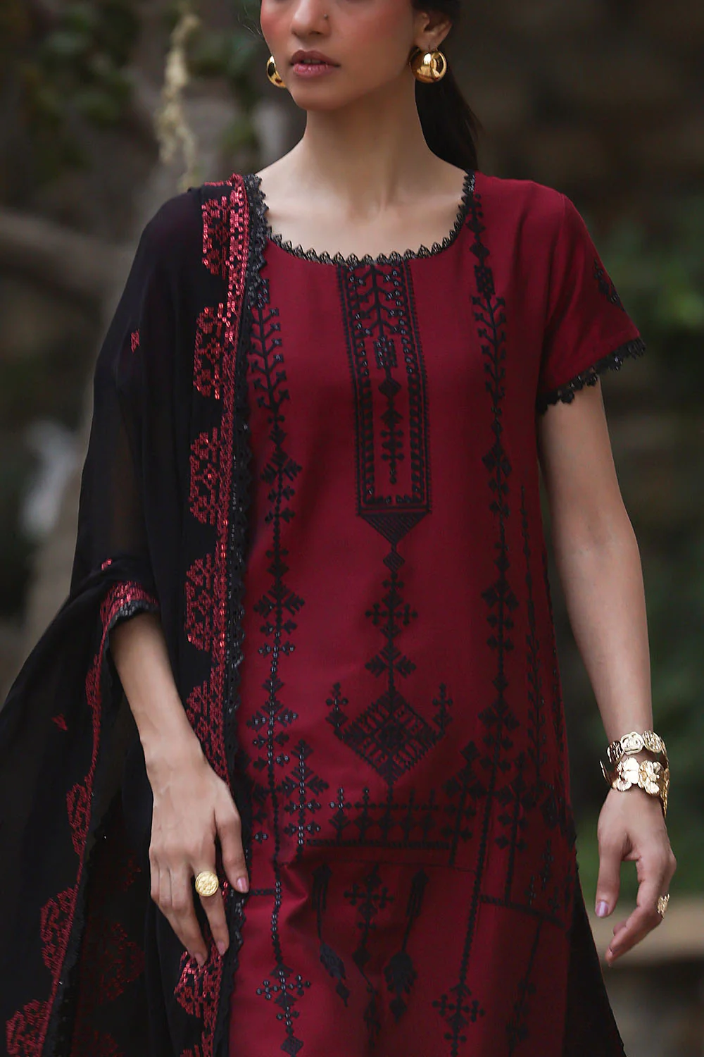 3 Piece Embroidered Cotton Silk Suit with Embroidered Chiffon Dupatta - Image 2