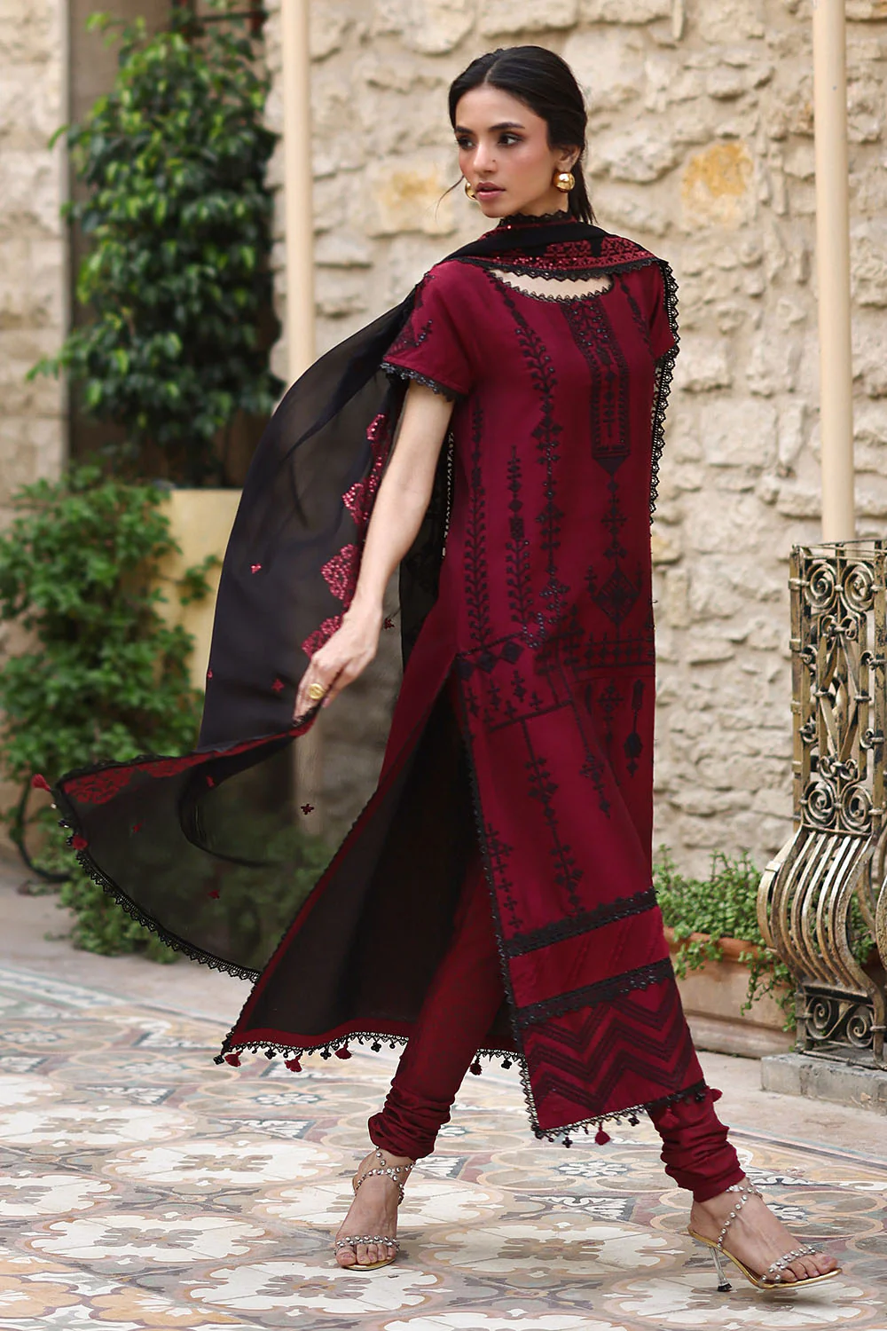 3 Piece Embroidered Cotton Silk Suit with Embroidered Chiffon Dupatta - Image 3