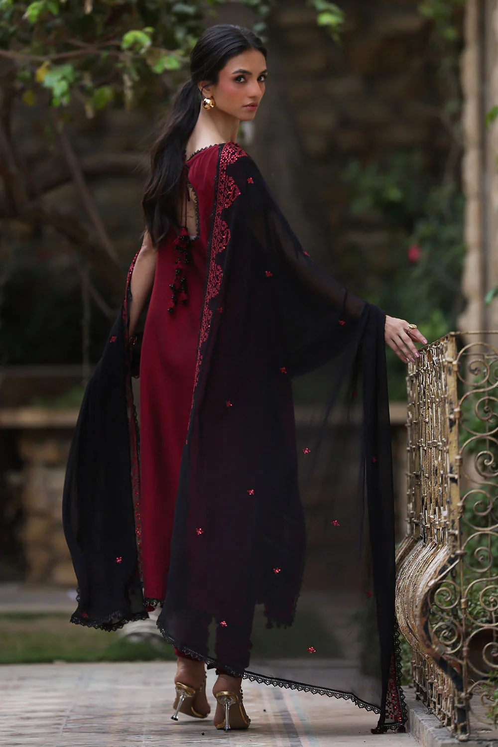 3 Piece Embroidered Cotton Silk Suit with Embroidered Chiffon Dupatta - Image 4