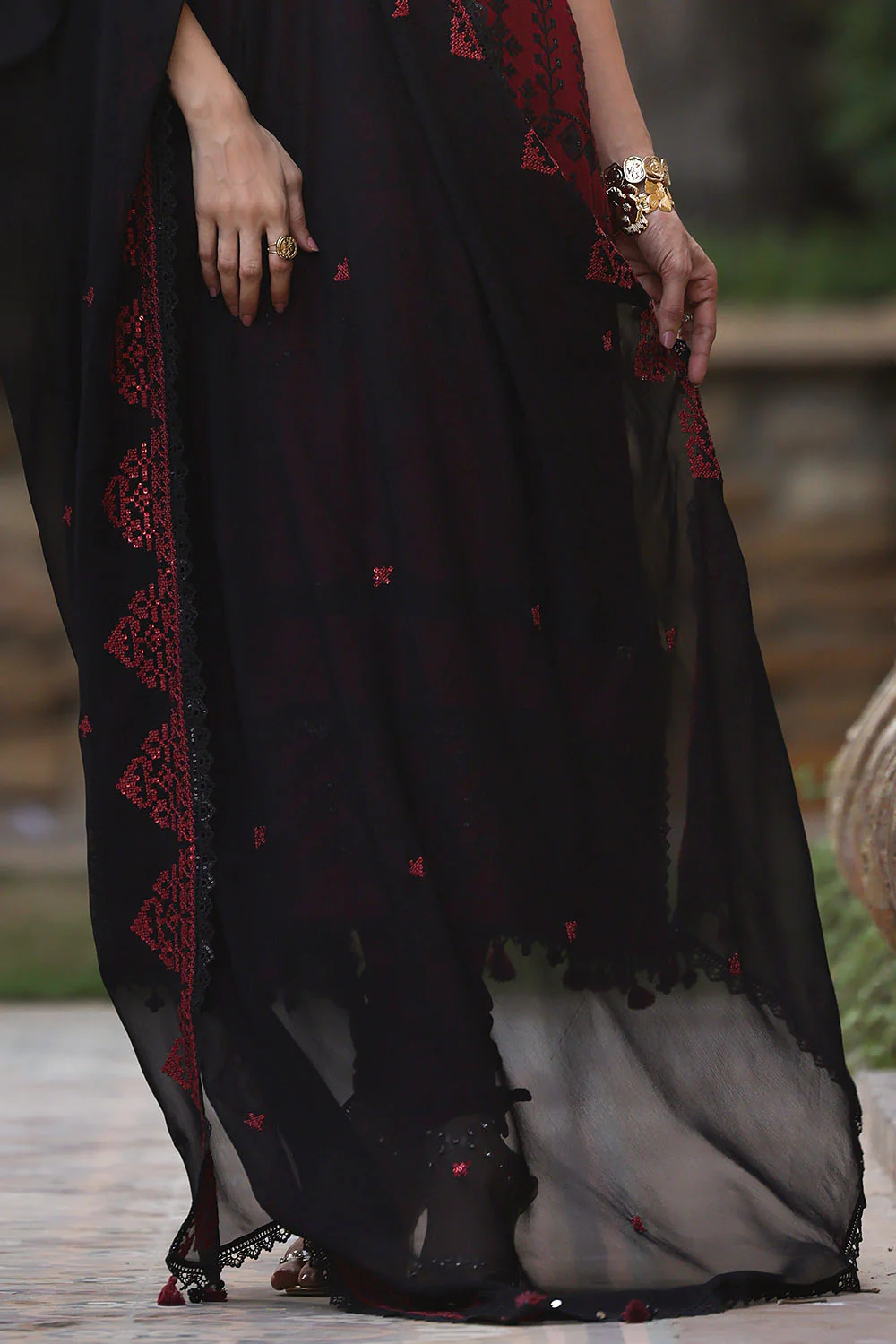3 Piece Embroidered Cotton Silk Suit with Embroidered Chiffon Dupatta - Image 6