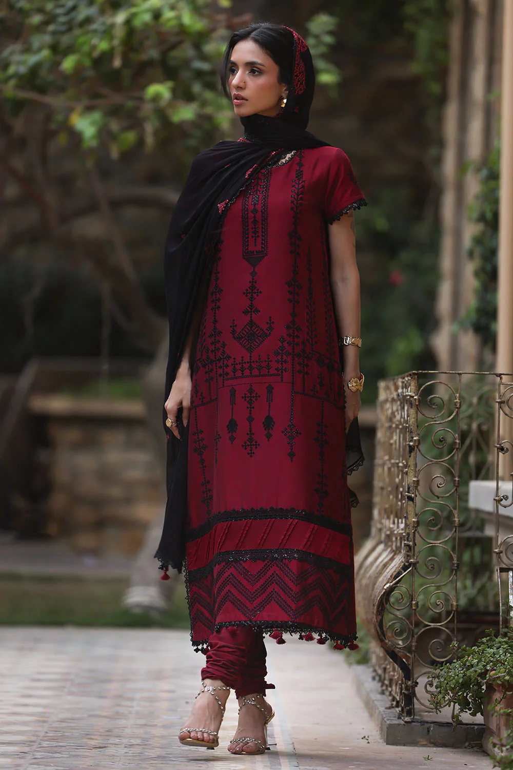 3 Piece Embroidered Cotton Silk Suit with Embroidered Chiffon Dupatta - Image 7