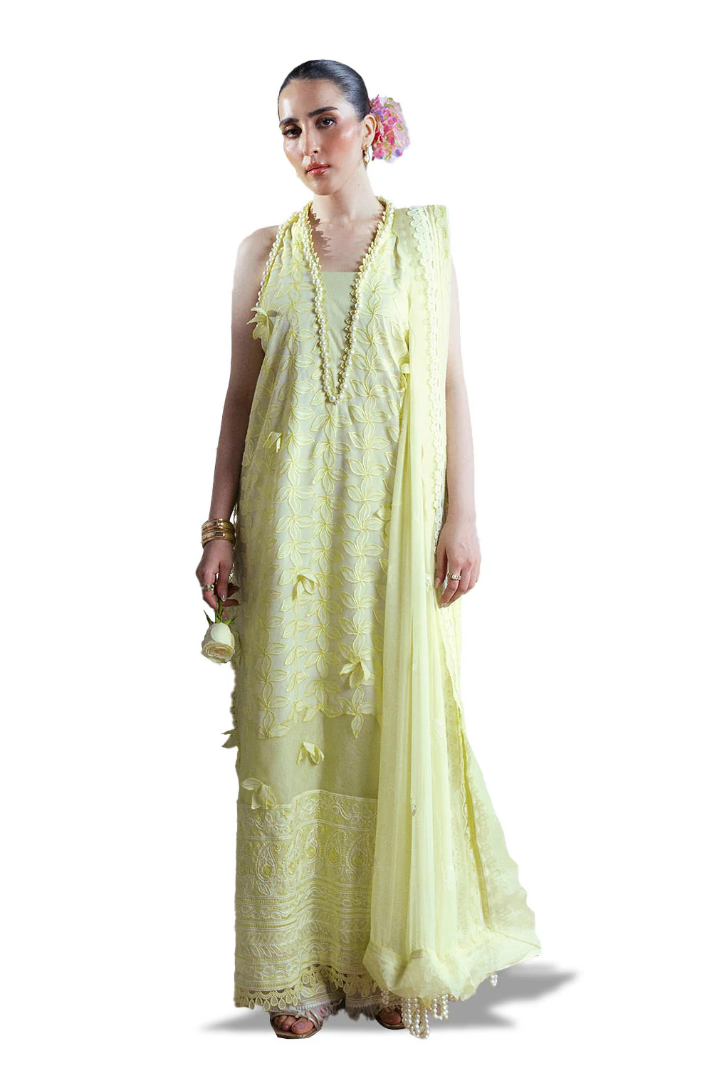 3 Piece Embroidered Cutwork Net Suit with Chiffon Dupatta