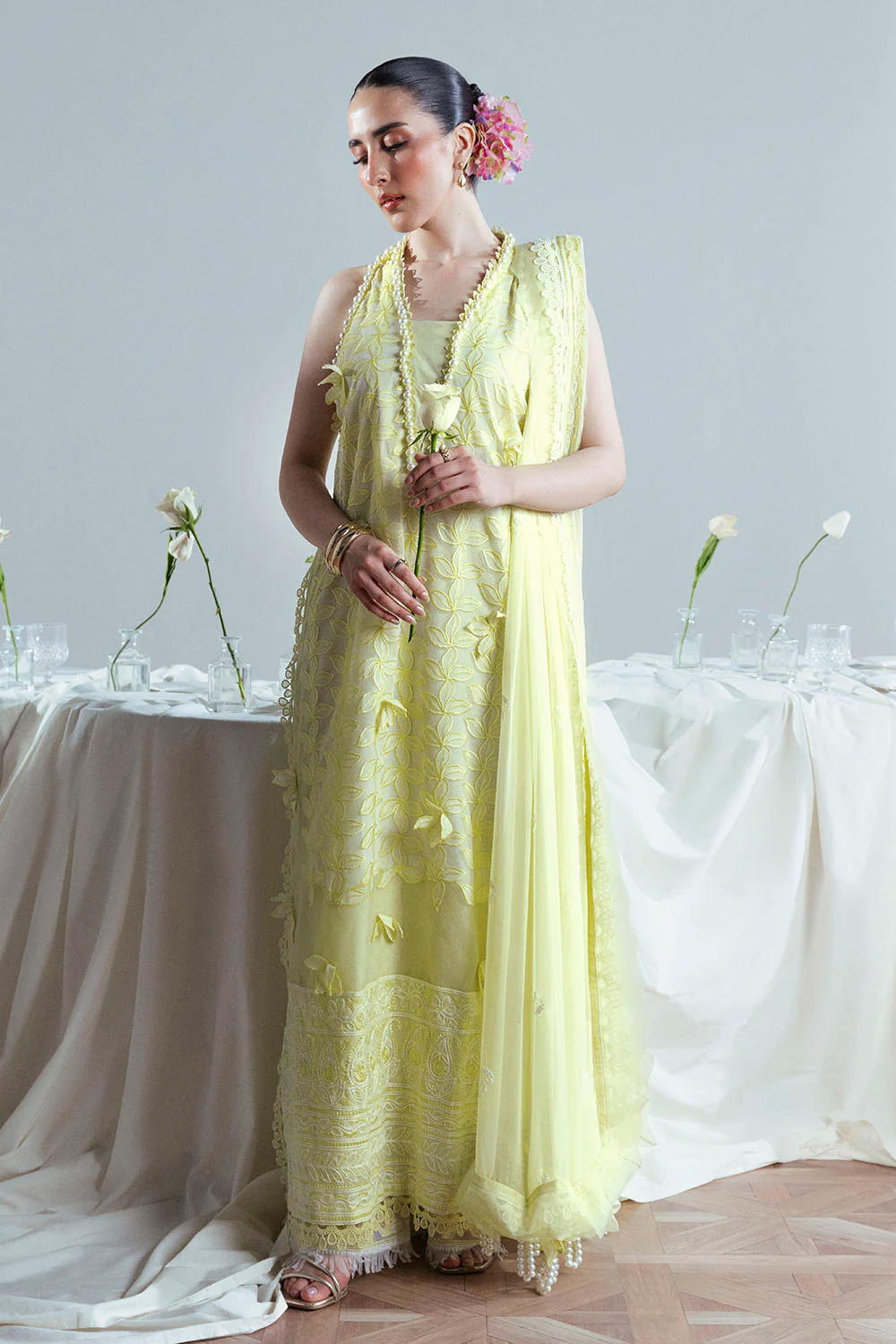 3 Piece Embroidered Cutwork Net Suit with Chiffon Dupatta - Image 3