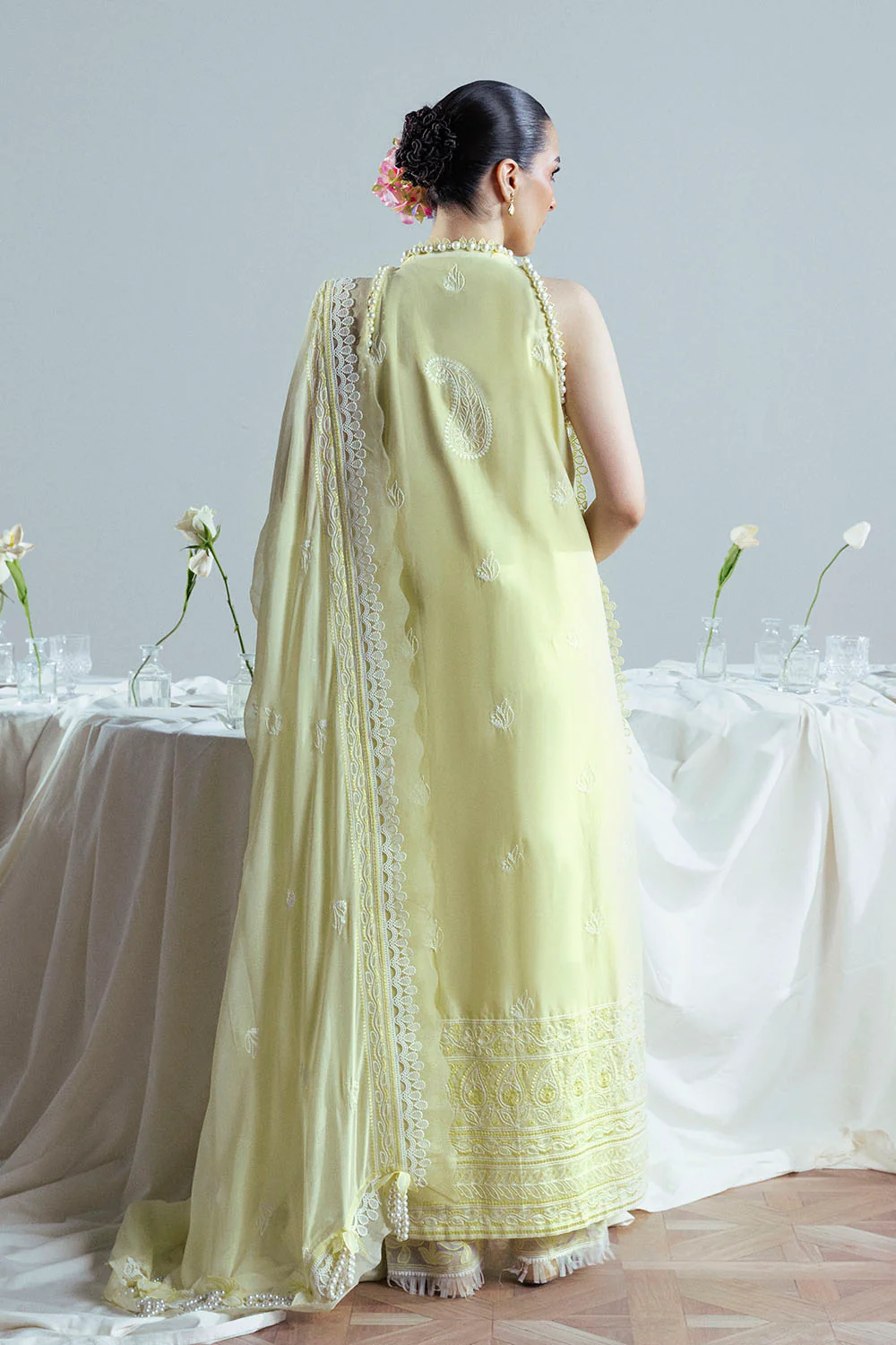 3 Piece Embroidered Cutwork Net Suit with Chiffon Dupatta - Image 4