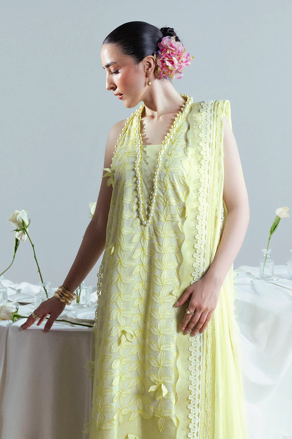 3 Piece Embroidered Cutwork Net Suit with Chiffon Dupatta - Image 5