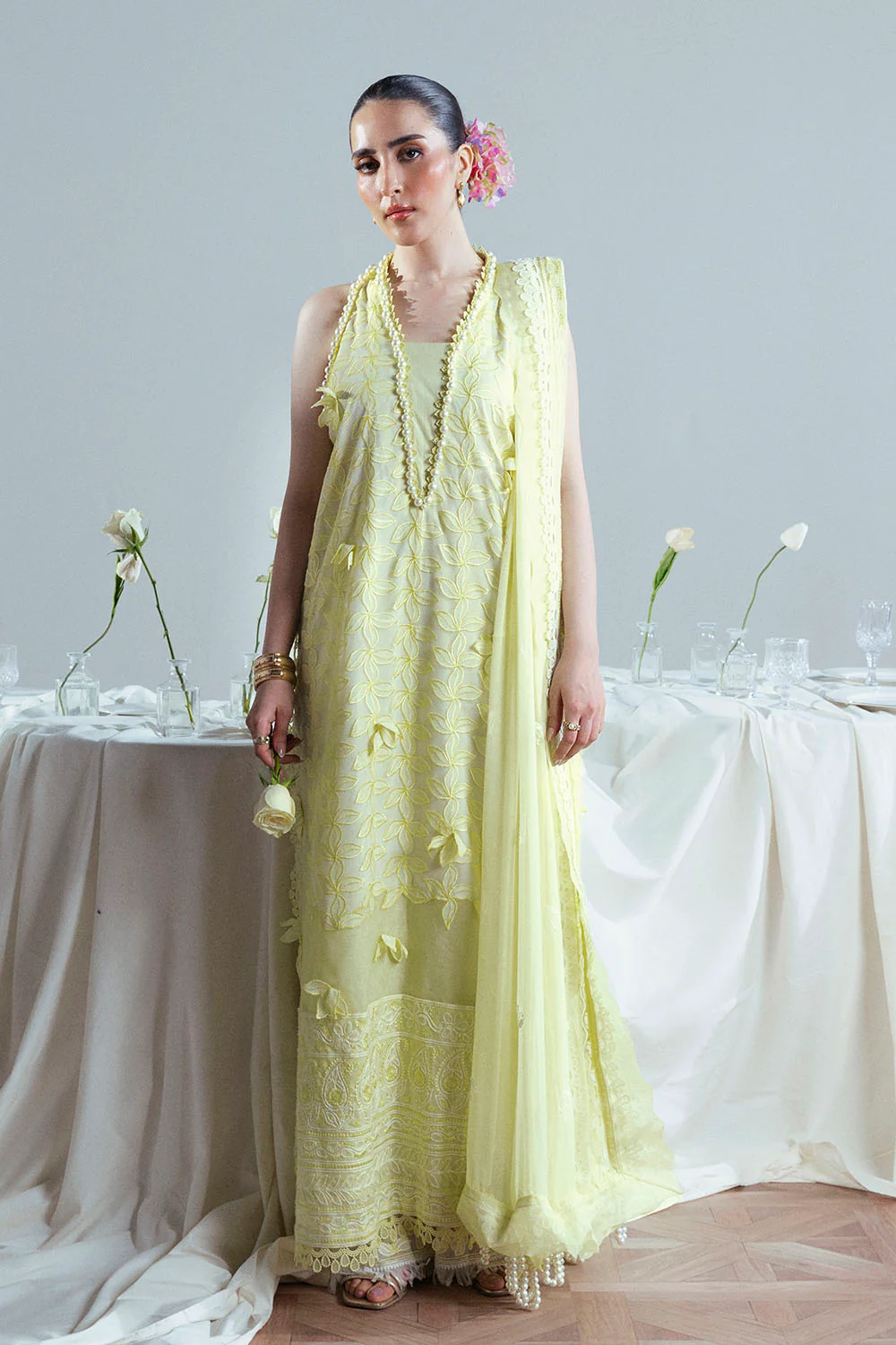 3 Piece Embroidered Cutwork Net Suit with Chiffon Dupatta - Image 6