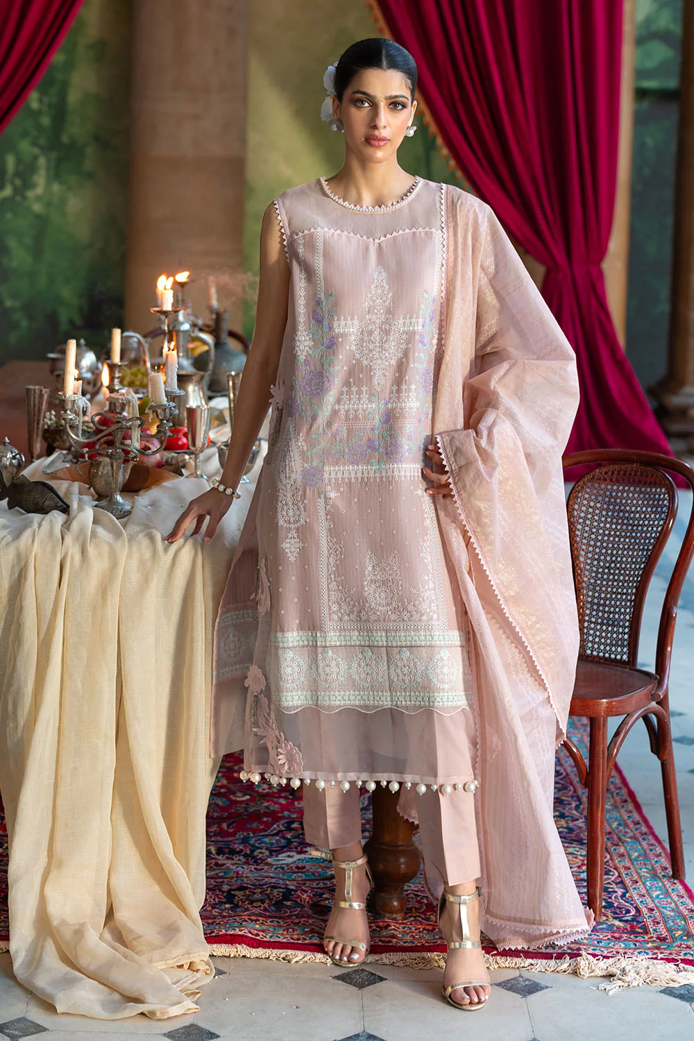 3 Piece Embroidered Dobby Suit with Borders and Zari Dupatta - Image 5