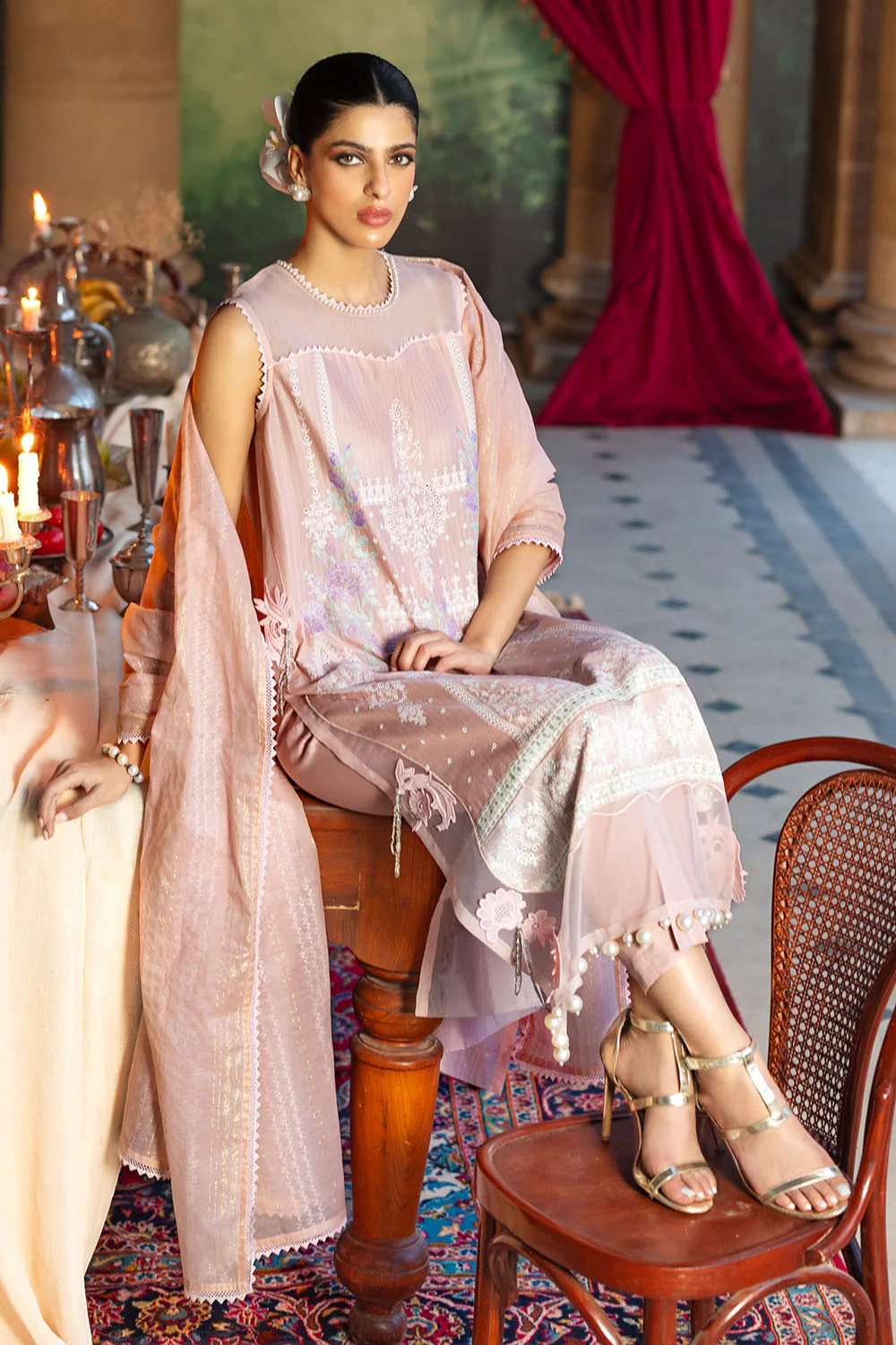 3 Piece Embroidered Dobby Suit with Borders and Zari Dupatta - Image 6