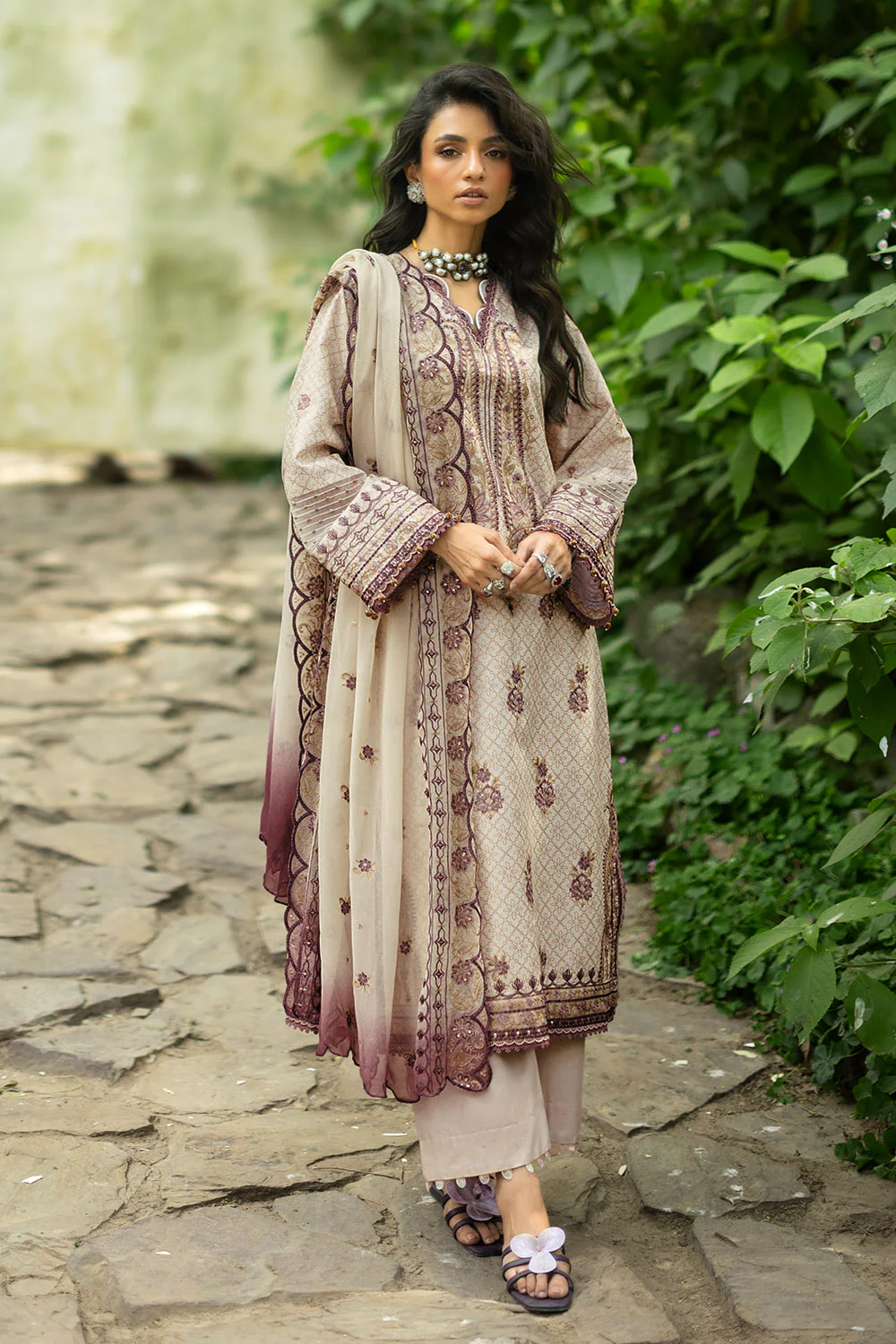 3 Piece Embroidered Glitter Printed Lawn Suit with Embroidered Organza Borders and Embroidered Printed Chiffon Dupatta - Image 5