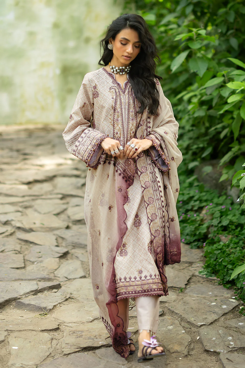 3 Piece Embroidered Glitter Printed Lawn Suit with Embroidered Organza Borders and Embroidered Printed Chiffon Dupatta - Image 6