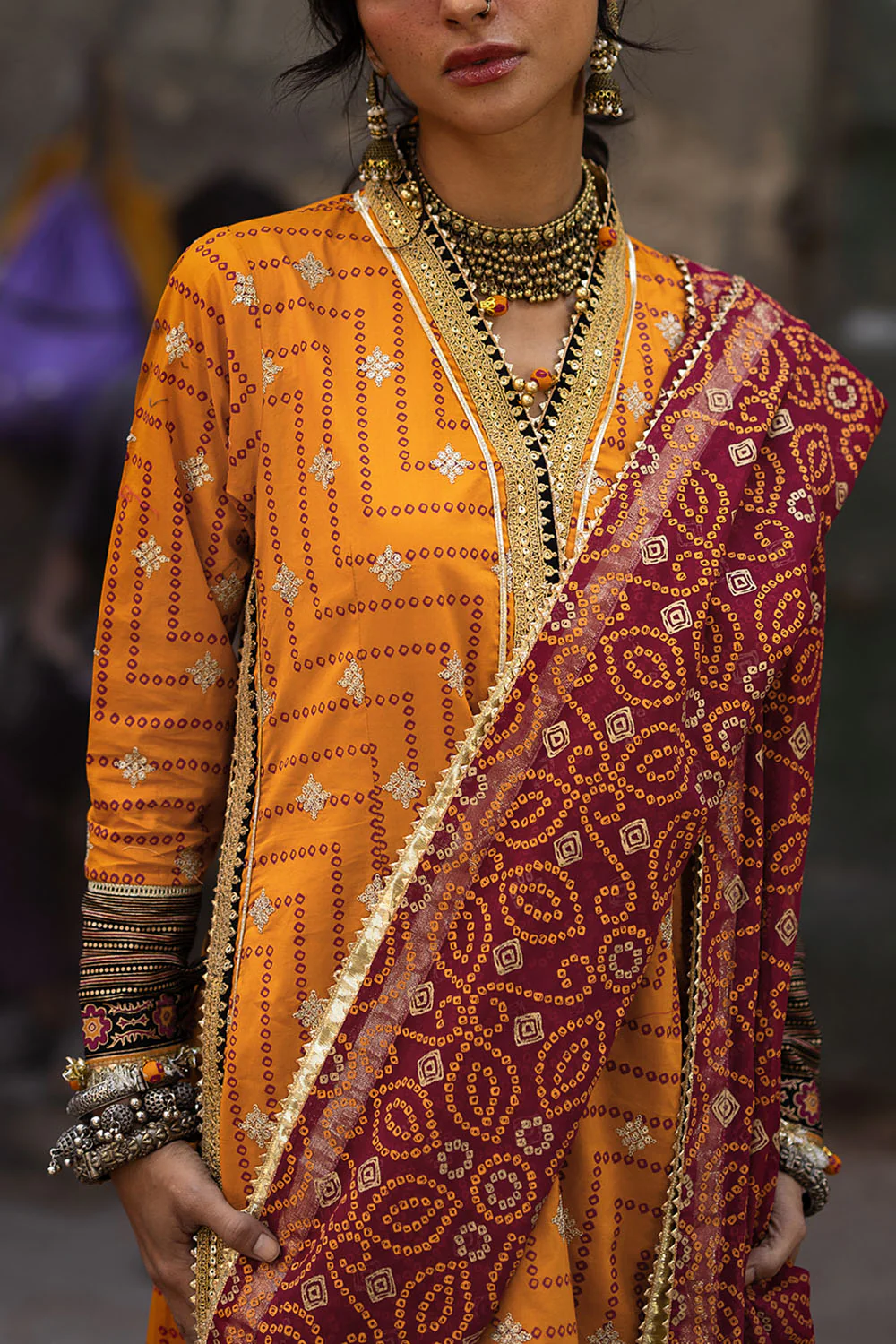 3 Piece Embroidered Gold and Lacquer Printed Lawn Suit with Gold and Lacquer Printed Chiffon Dupatta and Dyed Trouser - Image 2