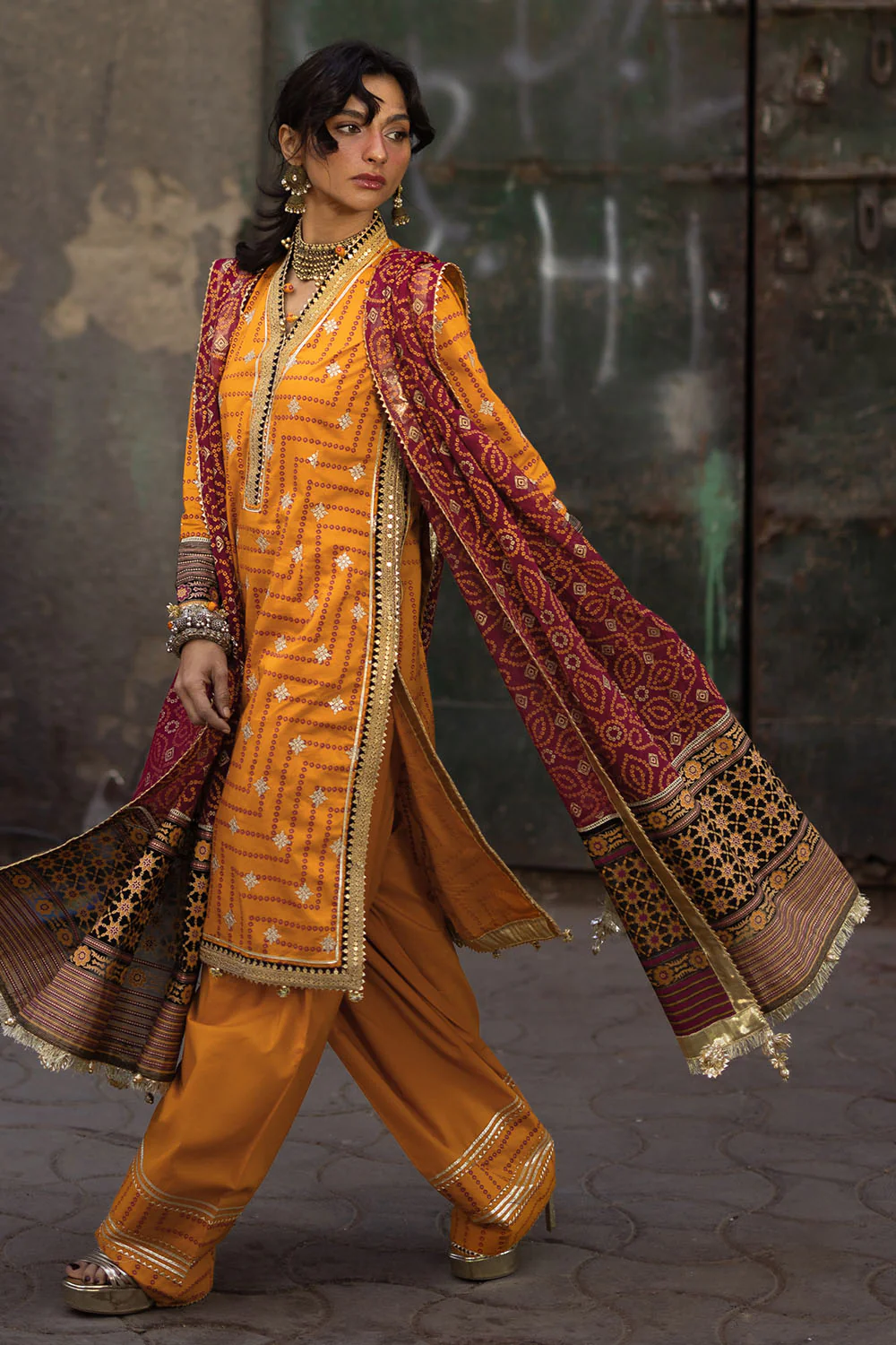 3 Piece Embroidered Gold and Lacquer Printed Lawn Suit with Gold and Lacquer Printed Chiffon Dupatta and Dyed Trouser - Image 3