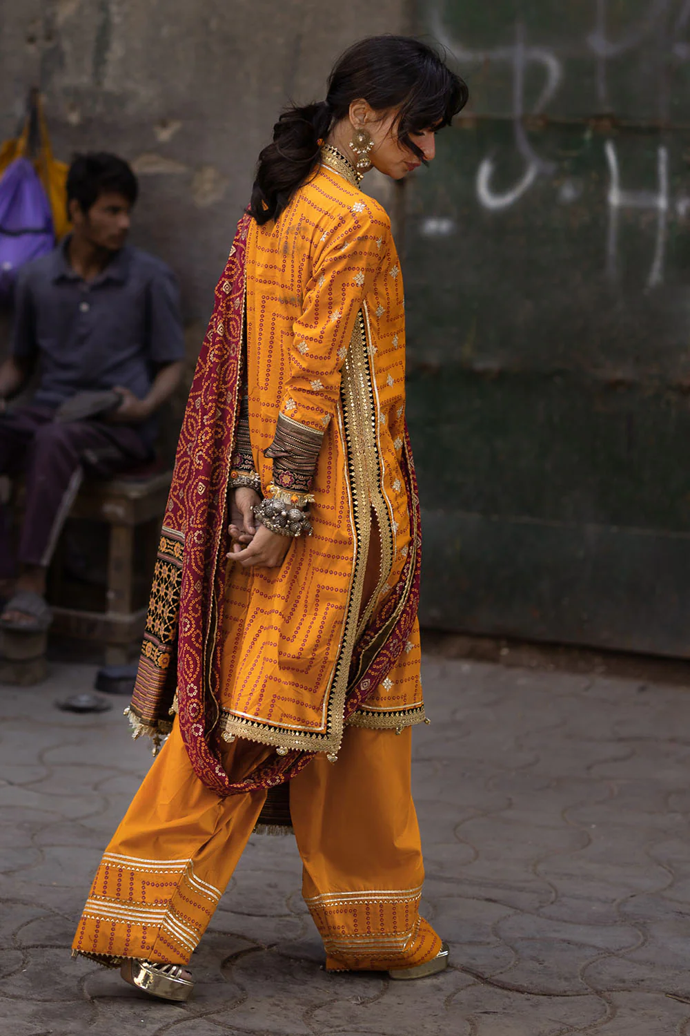 3 Piece Embroidered Gold and Lacquer Printed Lawn Suit with Gold and Lacquer Printed Chiffon Dupatta and Dyed Trouser - Image 4