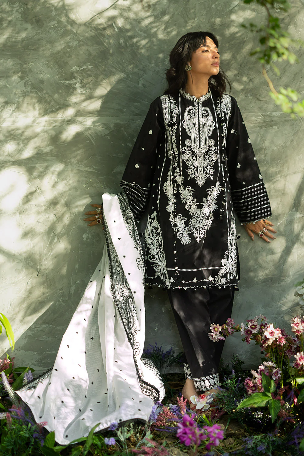 3 Piece Embroidered Jacquard Suit with Embroidered Organza Borders and Embroidered Denting Lawn Dupatta - Image 3