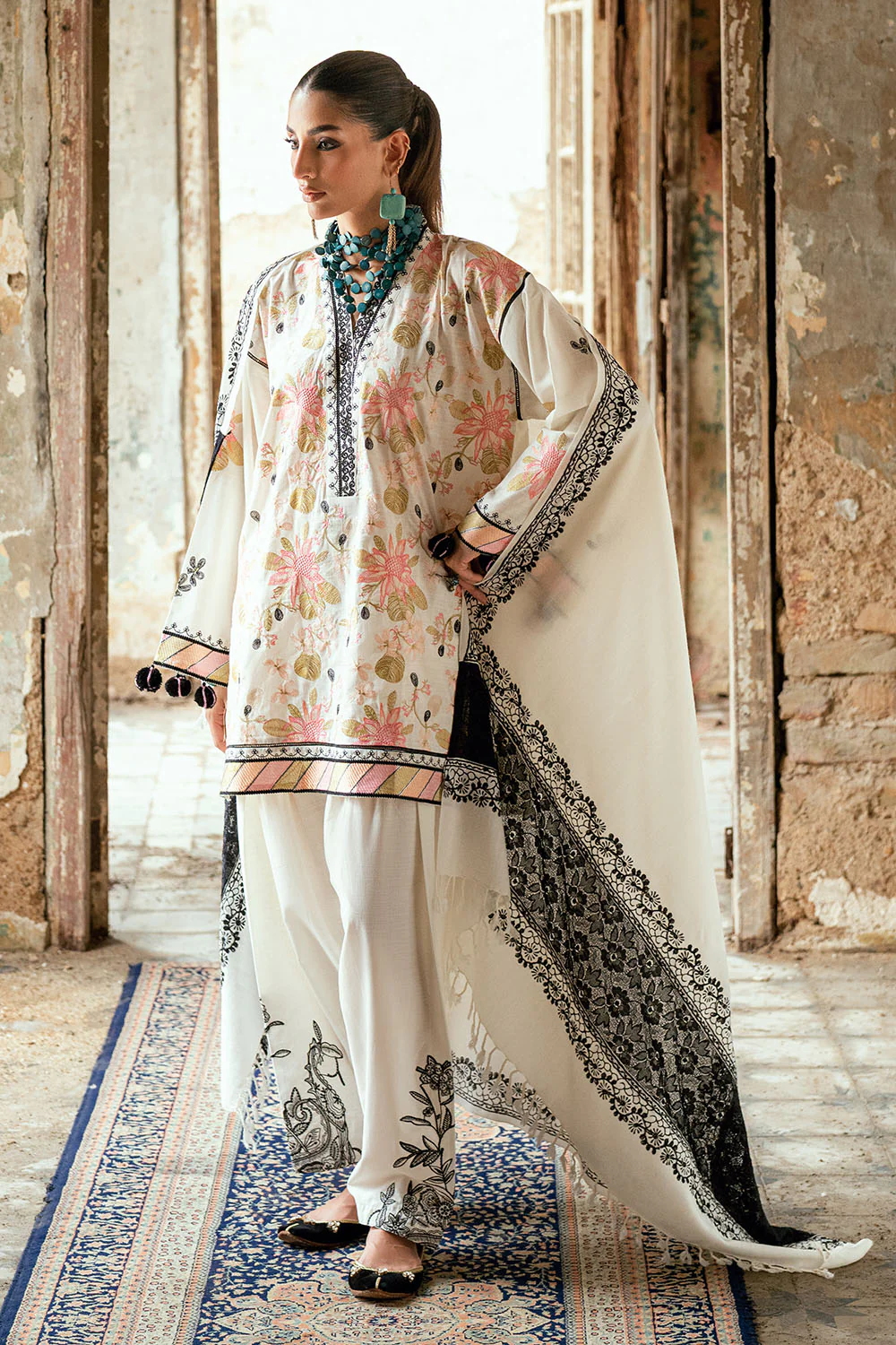 3 Piece Embroidered Lacquer Printed Pashmina Suit with Embroidered Khaddar Shirt and Trouser - Image 3