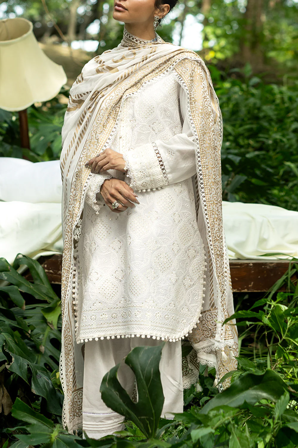 3 Piece Embroidered Lawn Suit and Gold Printed Chiffon Dupatta - Image 2
