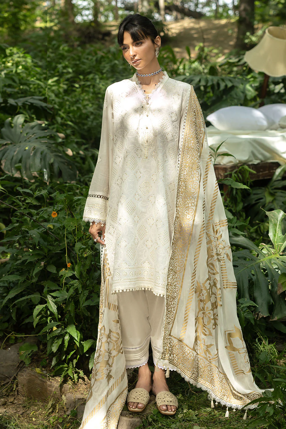 3 Piece Embroidered Lawn Suit and Gold Printed Chiffon Dupatta - Image 6