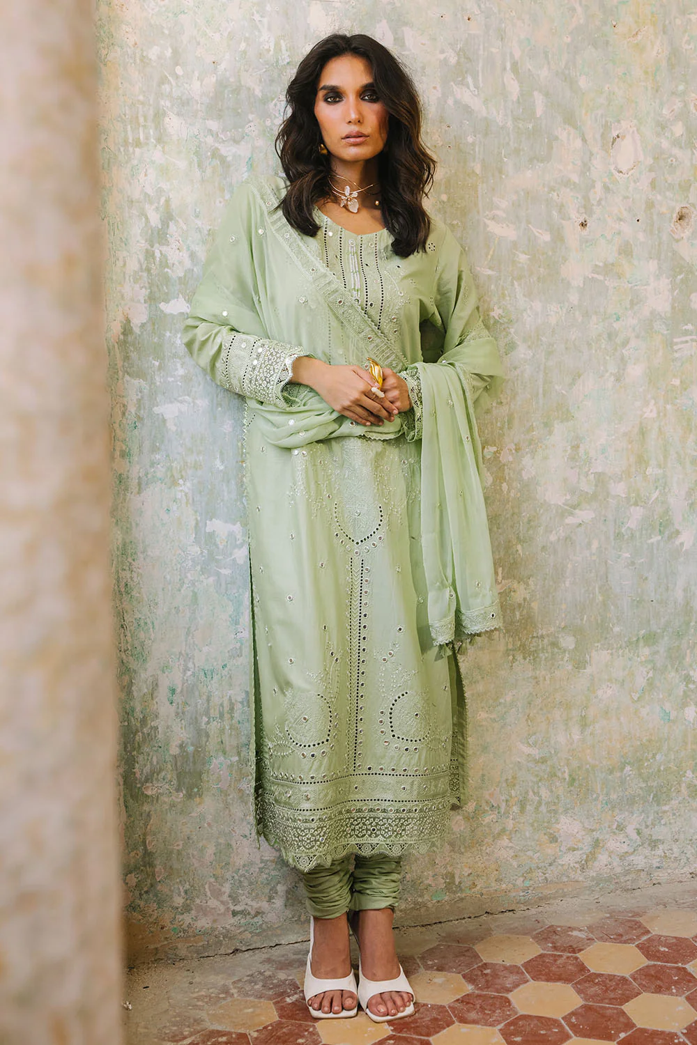 3 Piece Embroidered Lawn Suit with Borders and Embroidered Chiffon Dupatta - Image 6