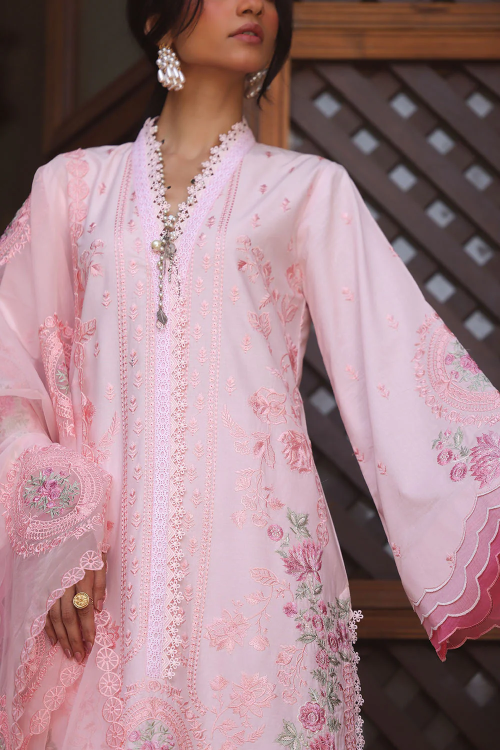 3 Piece Embroidered Lawn Suit with Borders and Embroidered Organza Dupatta - Image 2