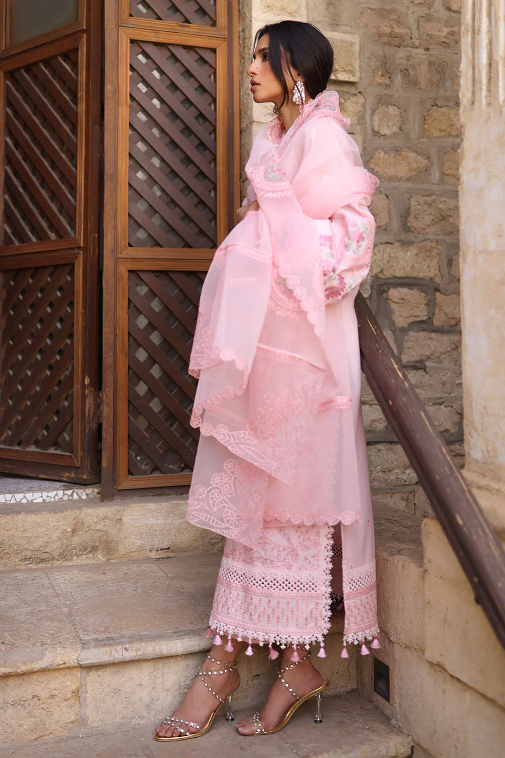 3 Piece Embroidered Lawn Suit with Borders and Embroidered Organza Dupatta - Image 3