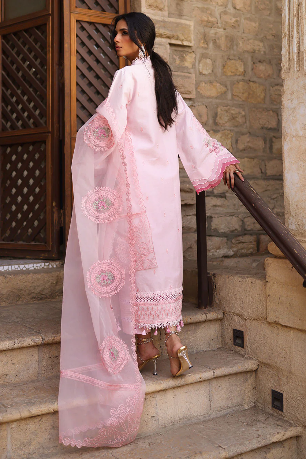 3 Piece Embroidered Lawn Suit with Borders and Embroidered Organza Dupatta - Image 5