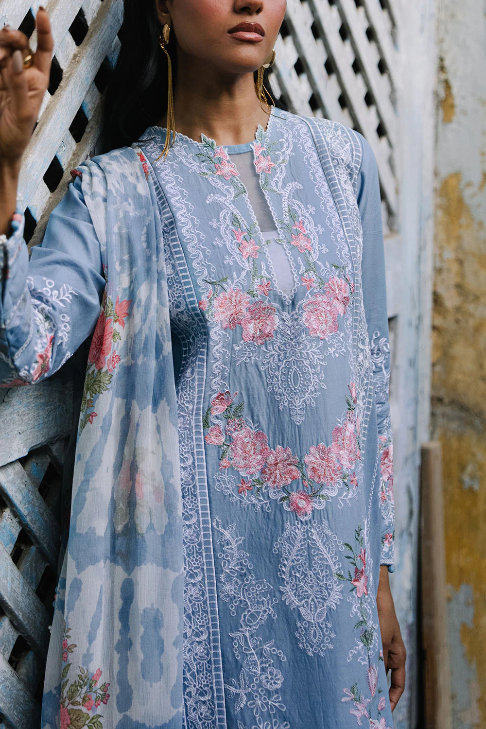 3 Piece Embroidered Lawn Suit with Borders and Printed Chiffon Dupatta - Image 2