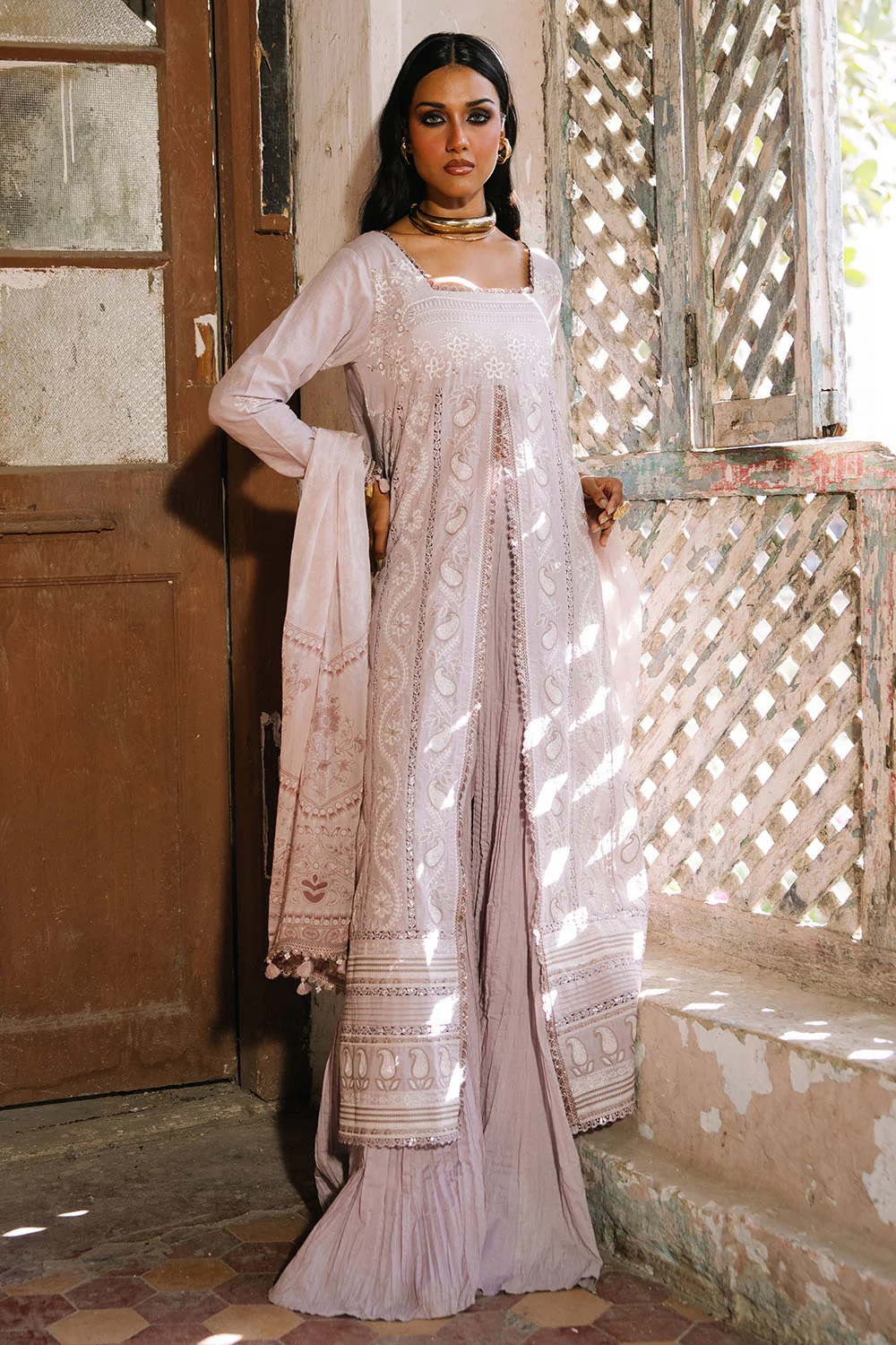 3 Piece Embroidered Lawn Suit with Borders and Printed Chiffon Dupatta - Image 3