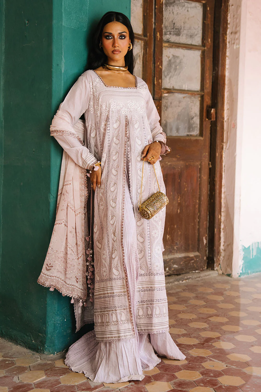 3 Piece Embroidered Lawn Suit with Borders and Printed Chiffon Dupatta - Image 5